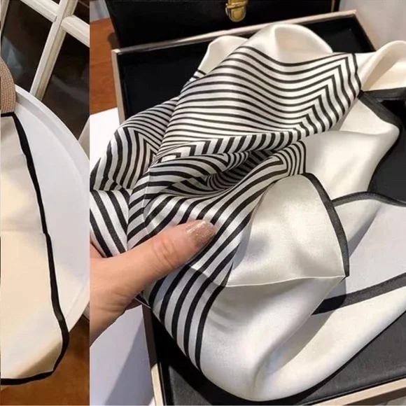 100% Mulberry Silk Neck Scarf 21"x21" Black & White Stripes - Picture 4 of 6